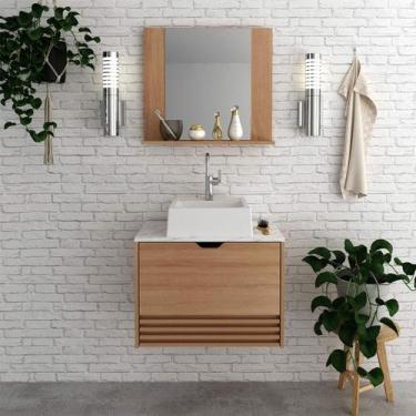 Imagem de Gabinete de Banheiro Suspenso com Pia e Espelheira Amêndoa Mármore Bra