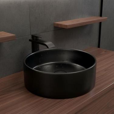 Imagem de Cuba cerâmica banheiro redonda preta com válvula click - STILLUS HOME