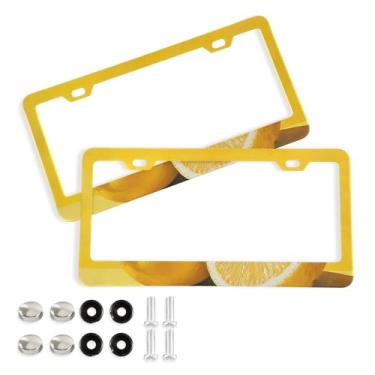 Imagem de CEBUGI Pacote com 2 molduras de placa de carro de alumínio capas de moldura de placa de carro com 2 furos acessórios automotivos limão para placas dianteiras e traseiras orifício elíptico