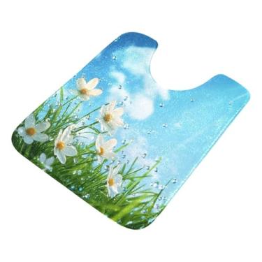 Imagem de Burbuja Tapete de banheiro com flores brancas, tapete de banho absorvente de pelúcia macio, base antiderrapante para piso de banheiro, oval em forma de U