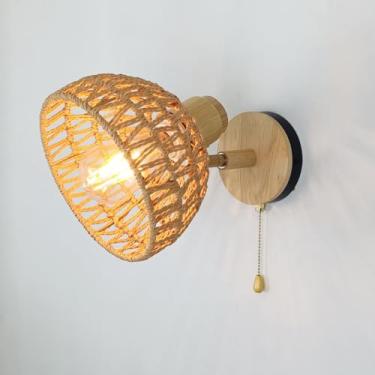 Imagem de Luminária de parede boho retrô com interruptor E27, ajustável, com cúpula de corda de cânhamo, ideal para cabeceira. Abajur de cabeceira boêmio com interruptor de puxar, em madeira rústica,