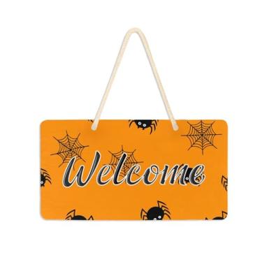 Imagem de Burbuja Placa de boas-vindas de Halloween Webs para porta da frente, placa de boas-vindas de PVC para decoração de férias de casa de fazenda, 15 x 28 cm