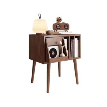 Imagem de Suporte para armazenamento de CDs Armário retrô para CDs com gaveta oculta e prateleira de madeira para guardar discos vinil(Walnut colour)