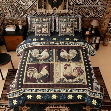 Imagem de Jogo de cama king size de galo em uma bolsa, conjunto de edredom e lençol de galo, galinha de fazenda, animais de fazenda, vintage, flores damasco, retrô, rústico, decoração de casa