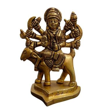 Imagem de craftslook Brass Goddess Meldi (Durga) Idol 10 cm | Estátua Maa Meldi montando ovelhas | Estátua de deusa hindu de latão feita à mão para templo doméstico, sala de Pooja, escritório e decoração
