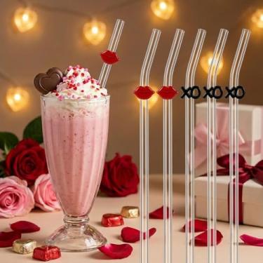 Imagem de SiliFine 6 canudos de vidro fofos reutilizáveis para lábios vermelhos XO 19,8 cm x 8 mm resistente a estilhaços transparente canudos de vidro curvados para festa de bebidas, batidos, sucos, chás