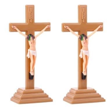 Imagem de HOBBIESAY 2 peças 22 cm crucifixo em pé crucifixo crucifixo espiritual Jerusalém estátua de cruz de camelo com base para mesa de parede decoração de igreja casa presente batismal
