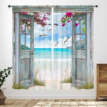 Imagem de Lnepty Cortina de praia oceânica, azul-petróleo, litoral, náutico, celeiro, porta de madeira, paisagem floral, quinta, janela, cortina, para quarto, sala de estar, banheiro, 2 painéis, 106 x 113 cm