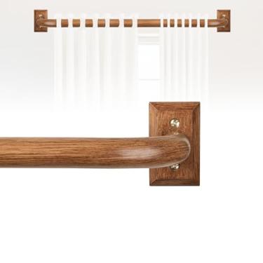 Imagem de HTZON Haste de cortina blackout de 71 a 121 cm: varão de cortina de madeira sintética ajustável resistente de 2,5 cm para escurecimento de ambiente de madeira curvado para janelas francesas para