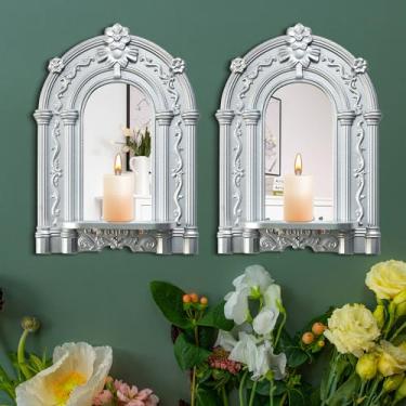 Imagem de sxnzequnze Conjunto de arandelas tridimensionais de alívio, 2 castiçais rústicos para pendurar na parede, decoração de parede de madeira, arte de parede espelhada, esculpida à mão, decoração de casa