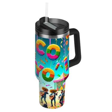 Imagem de Joisal Copo de 1,134 g com alça Copos de aço inoxidável com tampa e canudos Garrafas de água para adultos Caneca de café quente isolada para carros Cinco de Mayo México