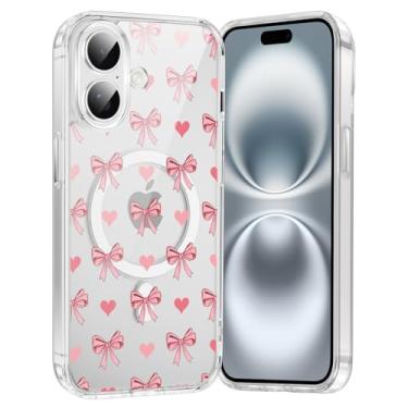 Imagem de Vulfwela Capa magnética para iPhone 16 de 6,1 polegadas com laço rosa e coração, compatível com MagSafe, capa transparente feminina, sem fio, fina, macia, TPU à prova de choque, antiamarelamento, capa