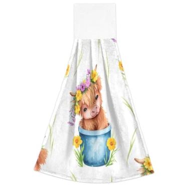 Imagem de Joisal Toalhas de cozinha de mão de desenho animado de vaca Highland com laço para pendurar toalhas de chá de forno altamente absorventes decorativos essenciais de cozinha conjunto de 2, 45 x 35 cm