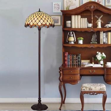 Imagem de Luminária de chão estilo Tiffany com vitrais de rosas, tulipas, glicínias, lírios e uvas, com cúpula feita à mão, ideal para decoração de ambientes [2 lâmpadas][40,6 cm L x 165 cm A], contas