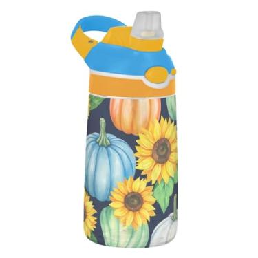 Imagem de Garrafa de água infantil Tritan de 473 ml, portátil, garrafa de água de plástico de 473 ml com canudo reutilizável à prova de vazamento, alça de transporte, abóboras aquarela, girassol