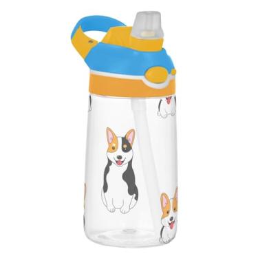 Imagem de Garrafa de água infantil fofa amarela Corgi Dog White 473 ml Tritan garrafa de água de plástico reutilizável com tampa de canudo 473 ml copo infantil portátil à prova de vazamento, alça de transporte