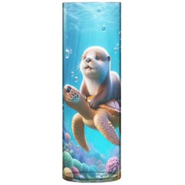 Imagem de Vasos de flores cilíndricos para buquê tartaruga marinha lontra subaquática vasos altos para flores, decorações de outono personalizadas para casa, 30 cm x 9,9 cm