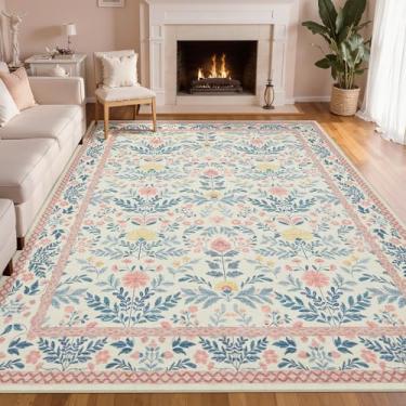 Imagem de Joydeco Tapetes Boho rosa claro 20 x 25 cm para quarto de bebê, lavável 20 x 25 cm, tapete grande para sala de estar, tapete floral macio antiderrapante para sala de jogos, quarto de crianças, sala de