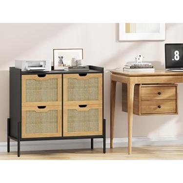 Imagem de Halitaa Arquivo lateral de vime, armário de arquivo com 4 gavetas de arquivo para arquivos de tamanho carta/A4, carvalho natural