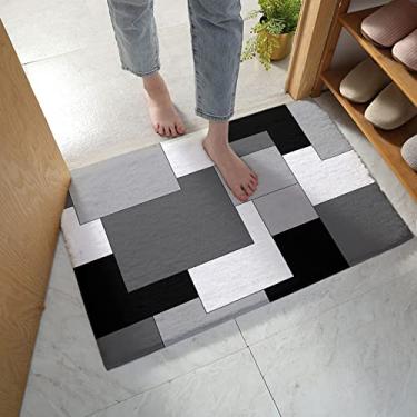 Imagem de Tapetes de banho para banheiro antiderrapante abstrato preto e branco cinza patchwork absorvente de água tapete de chuveiro felpudo acolchoado para banheira tapete de banheiro de secagem rápida 40 x