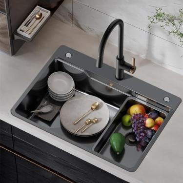 Imagem de Pia de cozinha preta grande de tigela única, pia de aço inoxidável, pia de cozinha, pia de cozinha suspensa, pia de bar, pia de estação de trabalho de fazenda, torneira removível (68 * 45 cm/26,8