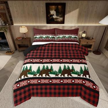 Imagem de jejeloiu Jogo de cama Queen com estampa de urso, xadrez e ponta de flecha, para crianças, meninos, meninas, tábua de xadrez vermelha, decoração de quarto rústico, vida selvagem, microfibra, 3 peças
