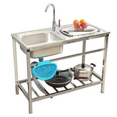 Imagem de Conjunto de pia de cozinha de restaurante comercial, tigela única de aço inoxidável independente, pia de aço inoxidável comercial com torneira e drenagem, com bancada de trabalho e prateleiras de