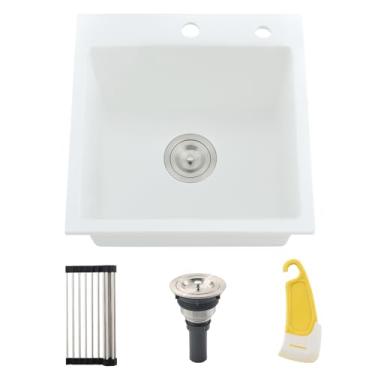 Imagem de BoomHoze Pia de cozinha composta de granito branco, 45 x 48 cm, pia de cozinha, tigela única, quartzo, retangular, montagem superior, lavatório profundo com rodo de borracha pequeno