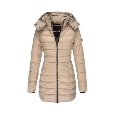 Imagem de Parka Feminina De Inverno Grossa E Quente, Cor Sólida, Com Zíper, Mang