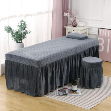 Imagem de Jogo de lençol de mesa de massagem, 3 peças, microfibra veludo, beleza, beleza, fisioterapia, salão de beleza, saia e roupa de cama luxuosa, respirável, roupa de cama de spa, decoração de cama cinza