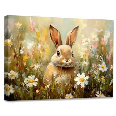 Imagem de WODMIS Decoração de parede de flor de páscoa coelhinho, arte de parede em tela emoldurada, decoração de berçário de coelho vintage, decoração de parede de flores silvestres de primavera rústica em