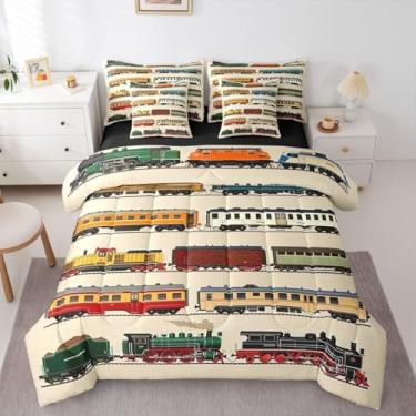 Imagem de Feelyou Conjunto de edredom de trem vintage com 7 peças, solteiro, trens a vapor, para crianças, meninos, meninas, locomotivas, trilho, para decoração de quarto de transporte, microfibra leve e macia
