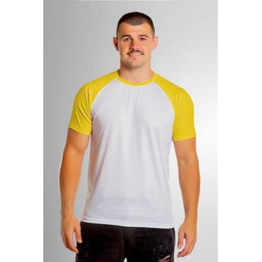Imagem de Camiseta Raglan Branca Anti Pilling com Manga Amarela - 100% Poliéster