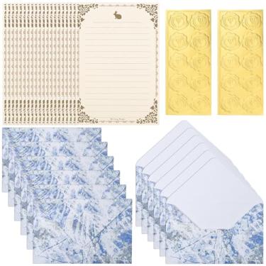 Imagem de BAYTORY Conjunto de 32 peças de papel de papelaria e envelopes, carta e envelope estacionários de estética, 20 folhas de papel forradas e 12 envelopes, para cartas de amor e convites de festa (azul)