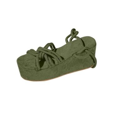 Imagem de Sandálias femininas de verão com tira de cor lisa, sola grossa, design aberto para praia e uso casual, Verde militar, 35