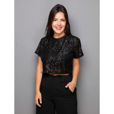 Imagem de ALows OL Blusa Biso Lurex Croped de paete com manga  Curta     , Preto