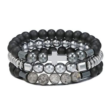 Imagem de Xydedoing Pulseira masculina preta com contas, contas de pedra malaquita de ônix natural de 8 mm, pulseiras religiosas com contas de 3 camadas, pulseira ajustável para uso diário e ocasiões casuais