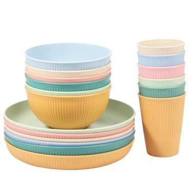 Imagem de 18 peças de copos de piquenique listrados de plástico para crianças e idosos disponíveis na máquina de lavar louça, pratos de acampamento leves, tigelas versáteis, kit de utensílios de mesa