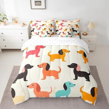 Imagem de Feelyou Jogo de cama infantil de cachorro dachshund fofo, salsicha, para meninos, meninas, adolescentes, desenho colorido, conjunto de cama casal com 7 peças, lençol com estampa de animais de
