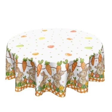 Imagem de Ancordivo Toalha de mesa redonda de Páscoa, 152 cm, coelhinho da Páscoa, cenoura, ovo, laranja, búfalo, xadrez, círculo, toalha de mesa sazonal, para festas, cozinha, jantar, decoração de casa