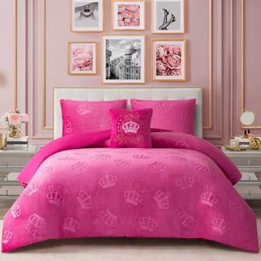 Imagem de Juicy Couture Conjunto de edredom de pelúcia reversível em relevo, 3 peças, solteiro/solteiro, GG com almofada decorativa, rosa choque