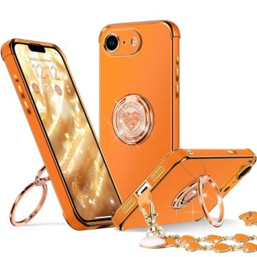 Imagem de XYZ Capa para iPhone 16 E com suporte, capa de telefone com suporte de anel duplo, capa protetora de luxo para mulheres meninas bling coração para iPhone 16 E, laranja