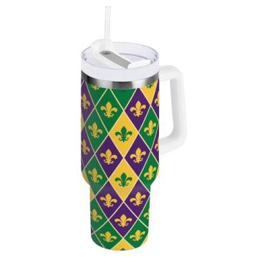 Imagem de Blueangle Copo isolado Mardi Gras Argyle de 1,134 g com alça e tampa de palha, caneca de viagem reutilizável de aço inoxidável (512)
