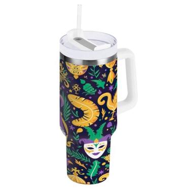 Imagem de Blueangle Copo isolado com padrão de máscaras de carnaval de 850 g com alça e tampa de palha, caneca de viagem reutilizável de aço inoxidável (39)