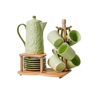 Imagem de Jarro de água de cerâmica, conjunto de água, caixa de presente, xícara de chá, sala de estar, chaleira fria, flor, conjunto de chá, conjunto de café para casa, jarra de chá gelada (verde)