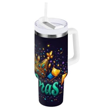 Imagem de Blueangle Copo isolado de coroa de carnaval de 850 g com alça e tampa de palha, caneca de viagem reutilizável de aço inoxidável (243)