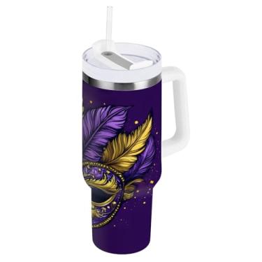 Imagem de Blueangle Copo isolado de máscara de carnaval de carnaval de 850 g com alça e tampa de palha, caneca de viagem reutilizável de aço inoxidável (354)