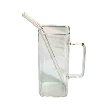 Imagem de Copos quadrados para beber com alça colorida, copos de suco de chá gelado de vidro borossilicato transparente de 450 ml com canudo (transparente)