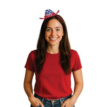 Imagem de Beistle Tiara com chapéu de cowboy patriótico – vermelho, branco e azul mini chapéu ocidental com brilho estrela, anexado à faixa de cabeça de encaixe, acessório divertido dos EUA para celebrações de