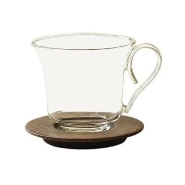 Imagem de x3anggyt5 Conjunto de copo de café de vidro de 221 g e porta-copos de madeira, xícara de chá de vidro borossilicato transparente com alça (transparente)